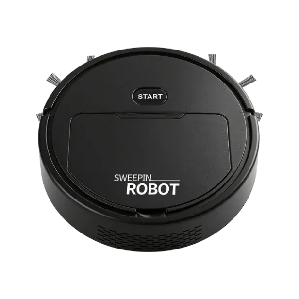 DustaPro robot vacuum in matte black cleaning a hardwood floor